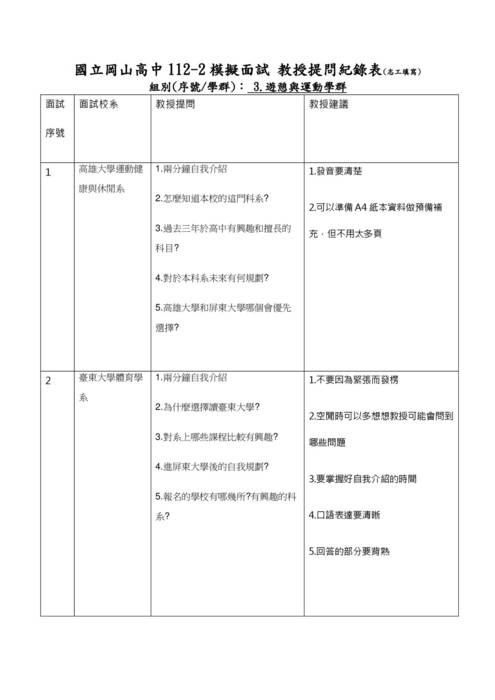 112模擬面試-3.遊憩與運動