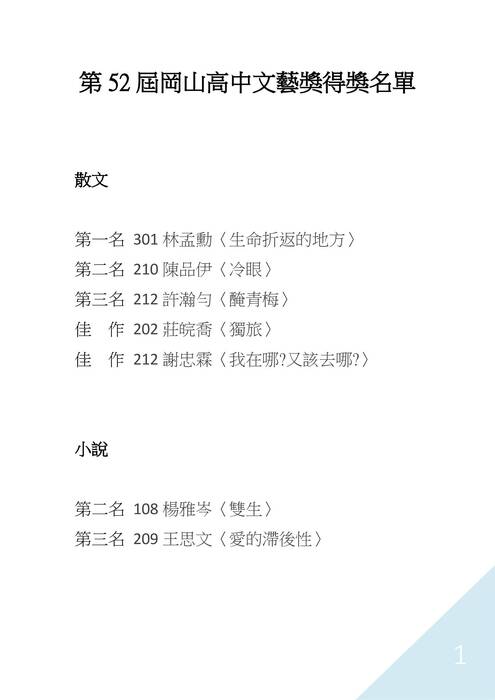第52屆岡山高中文藝獎得獎作品